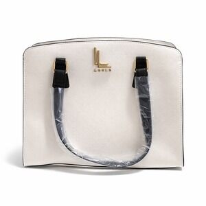 Loulu White Saffiano Faux Leather Top Handle Purse with Black Handles Gold Logo